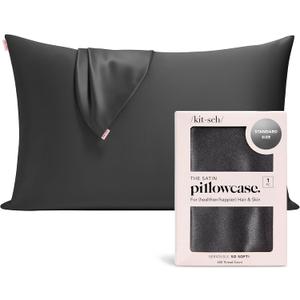 Kitsch Satin Pillowcase with Zipper for Hair & Skin, Softer Than Silk Pillow Cases Queen, Wrinkle-Free, Smooth and Cooling Satin Pillow Covers, Standard Size 19"x26" - Charcoal