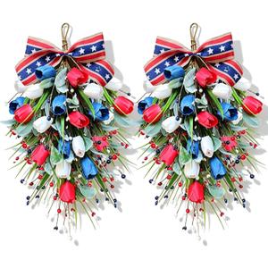 2 Pack 21'' Patriotic Swag Wreaths for Cabinets Artificial 4th of July Teardrop Wreath with Red White Blue Tulips Floral and Berries for Independence Day Memorial Day Front Door Porch Window Wall