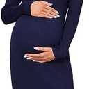KOJOOIN Women's Maternity V Neck Sweater Dress Rib Knit Long Sleeve Bodycon Side Slit Midi Dress Fall Photoshoot Baby Shower, Black, M
