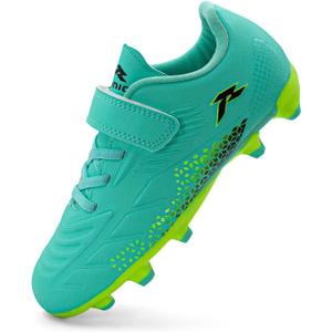 RUNIC Kids Soccer Cleats for Boys and Girls - Small and Big Kid Athletic Outdoor Football Shoes - Firm Ground - Hook and Loop Closure - Black/Gold