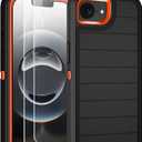 for iPhone 16e Case with 2 Pack Tempered Glass Screen Protector Heavy Duty Shockproof 3-Layer Full Body Protection Military Grade Rugged Cover Case for Apple iPhone 16e 6.1",Black/Orange