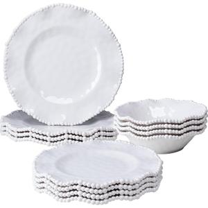 Cream 12pcs Beaded 100% Melamine Dinnerware Set, Elegant Scalloped Edge Durable & Shatterproof Outdoor Dining Set,Unbreakable Plates & Bowls Set for Indoor/Outdoor Use, Dishwasher Safe