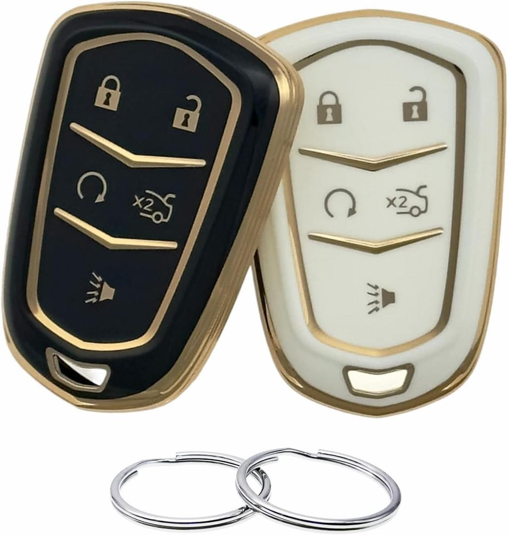 REPROTECTING TPU Key Fob Cover Compatible with (5 Buttons) 2014-2019 Cadillac ATS CT6 CTS Escalade Escalade ESV SRX XT5 XTS (Black/White)