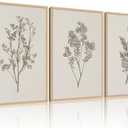 Framed Vintage Floral Wall Art Set of 3 Large Beige Botanical Prints Modern Farmhouse Picture Poster Minimalist Wall Decor Painting for Living Room Dining Bedroom 16x24 Inches (White plants)