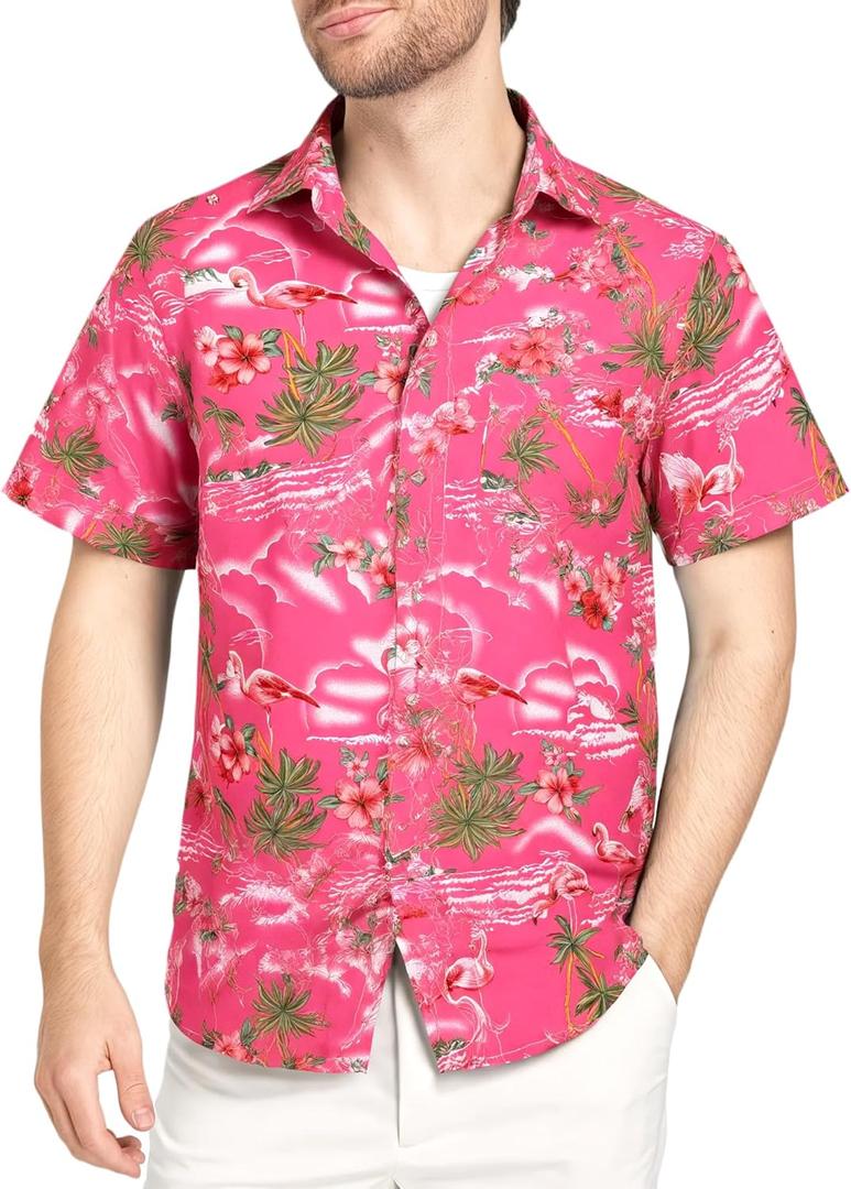 SSLR Pack Hawaiian Shirt for Men Flamingo Short Sleeve Casual Button Down Shirts Summer Beach Shirt (Medium, Rose Red)