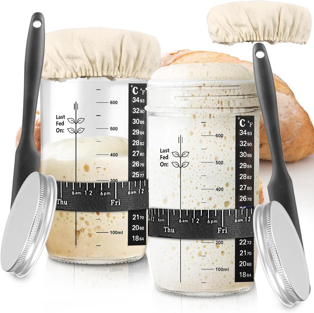 Sourdough Starter kit, 34OZ Sourdough Starter Jar with Date Marked Feeding Band, ThermometerCloth Cover & Metal Lid, Reusable Sourdough Bread Baking Supplies, Home Baking Gifts