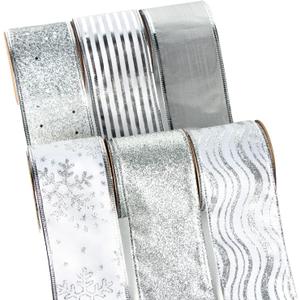 Ribbli Silver Christmas Tree Ribbon - Glitter Wired Ribbons for Tree, Crafts, Gift Wrapping, Wreaths, Garland, Home Decor - 2.5 Inch x 6 Rolls Total 36 Yard