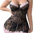 OYOANGLE Women's 4 Piece Garter Lingerie Set Lace Mesh Sheer Bow Knot Babydoll Underwire with Stockings (Large, Black)