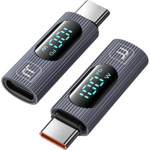 USB C Adapter, 2-Pack 100W Female to Male Extension with Power Meter Tester & Digital Display for iPad Pro, iPhone 16/15 Pro Max, MacBook Pro, Laptop (Grey)