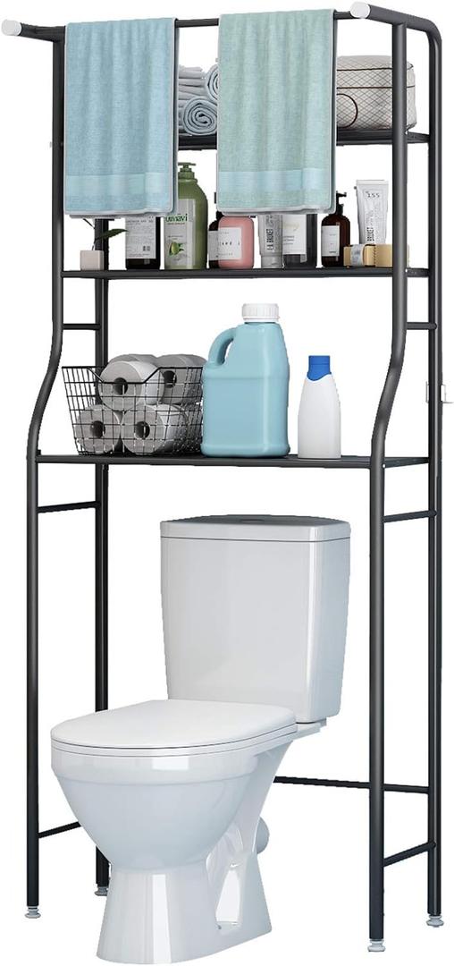 UDEAR 3-Tier Over The Toilet Rack,Bathroom Shelf Space Saver,Corner Stand Storage Organizer Accessories,The Washing Machine,with Hanging Rod,Tower Shelf,Black, 24.89 cm x 68.07 cm x 163.07 cm