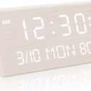 Kogonee Wooden Digital Alarm Clock, 0-100% Dimmer, 2 Alarm Settings, Weekday/Everyday Mode, 9 Mins Snooze, 12/24H, Temperature and Date Display for Office, Travel, Bedroom Alarm Clock (White)