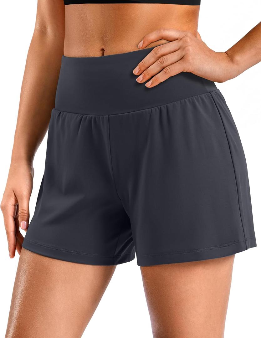Soothfeel Running Athletic Shorts for Women 5" High Waisted Stretchy Hiking Workout Gym Shorts No Liner with Pockets (Gray, M)