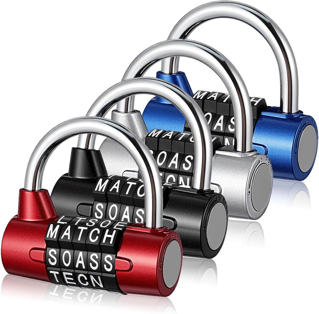 4 Pcs 5 Letter Combination Lock Heavy Duty Gym Locker Keyless Resettable Metal Padlock for Home Outdoor Door Locks Toolbox Hasp Cabinet Black Silver Red Blue