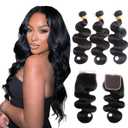 Body Wave Bundles with Closure Human Hair 16 18 20+14 Inch Human Hair Bundles with Closure 100% Brazilian Virgin Hair 3 Bundles with 4x4 Lace Closure Natural Black