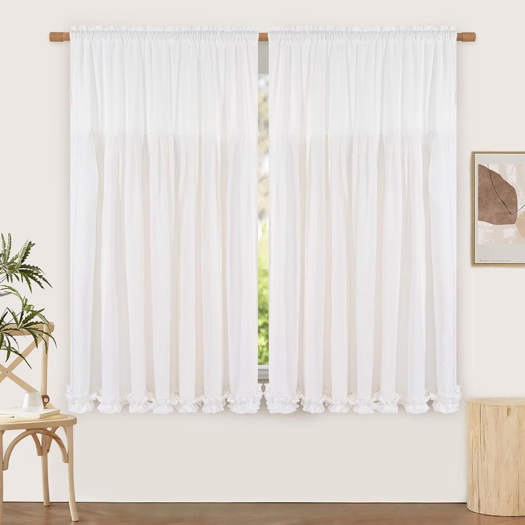 Likiyol Linen Curtains for Living Room 63 Inch Length Farmhouse Window Curtains for Bedroom with Ruffle Light Filtering Curtain Rustic Country Drapes Rod Pocket Window Treatments, White, 2 Panels