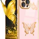 Petitian for iPhone 14 Pro Max Case, Cute Women Girls Gold Butterflies Designed Cases for iPhone 14 Pro Max, Girly Gold Plating Cover for 14 Pro Max with Camera Protector