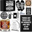 15 Pcs Boss Day Gifts for Men Whiskey Glass Set, Best Boss Ever Gifts with 11 Oz Whisky Glass Coaster Stones Socks Crystal Plaque Spiral Notebook Keychain, Bosses Inspirational Gift from Employees