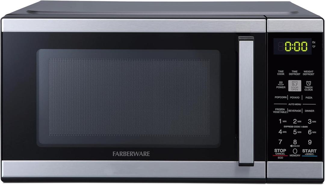 Farberware 0.9 Cu. Ft. Countertop Microwave Oven  900 Watts Power, Auto Cook Settings, Defrost, Easy Clean and Child Safety Lock - Stainless and Black