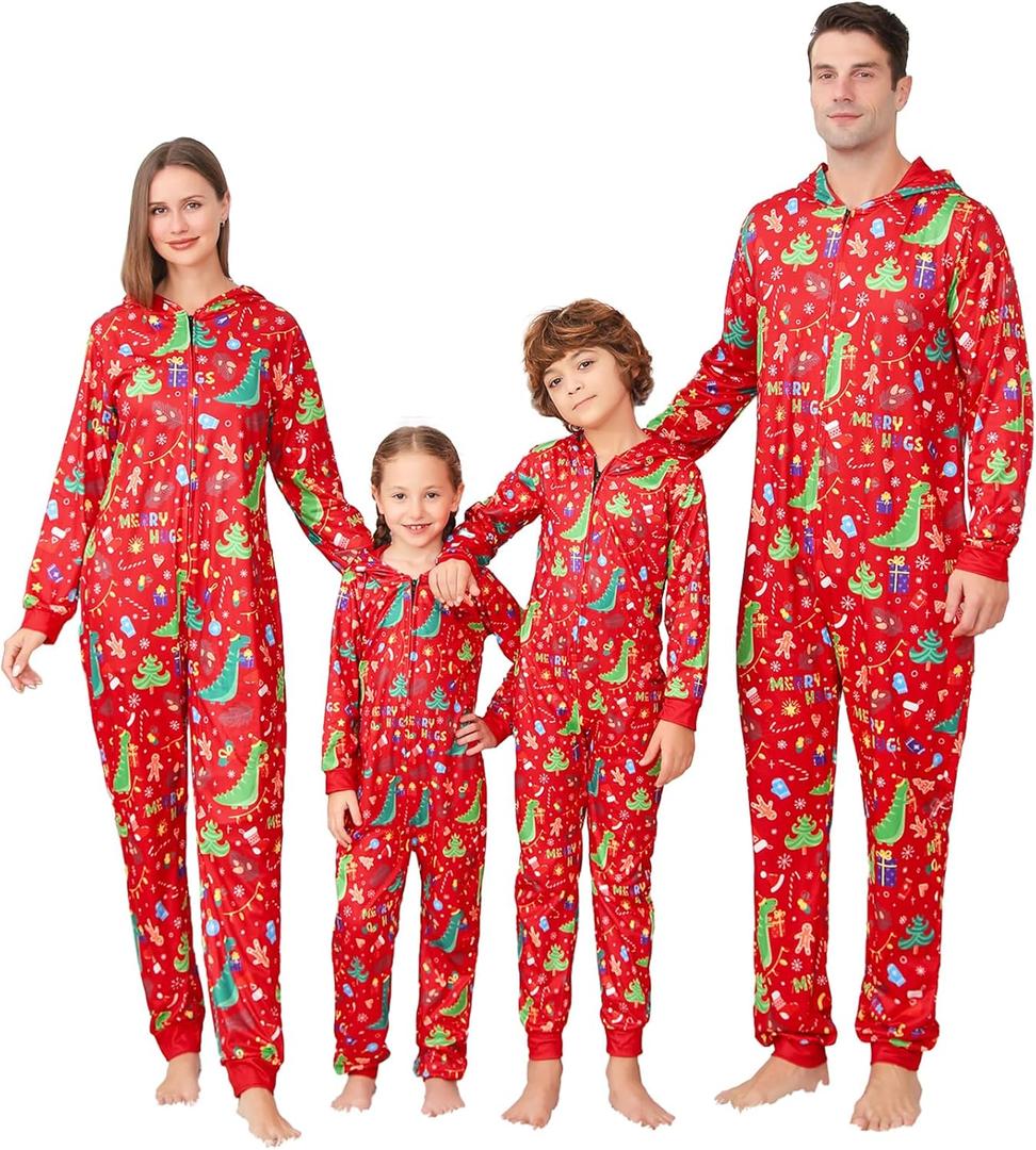 ANGELGGH Family Matching Christmas Onesie Pajamas, Vacation Cute Printed One Piece Pajamas, Xmas Hooded Holiday Sleepwear (Red, L)