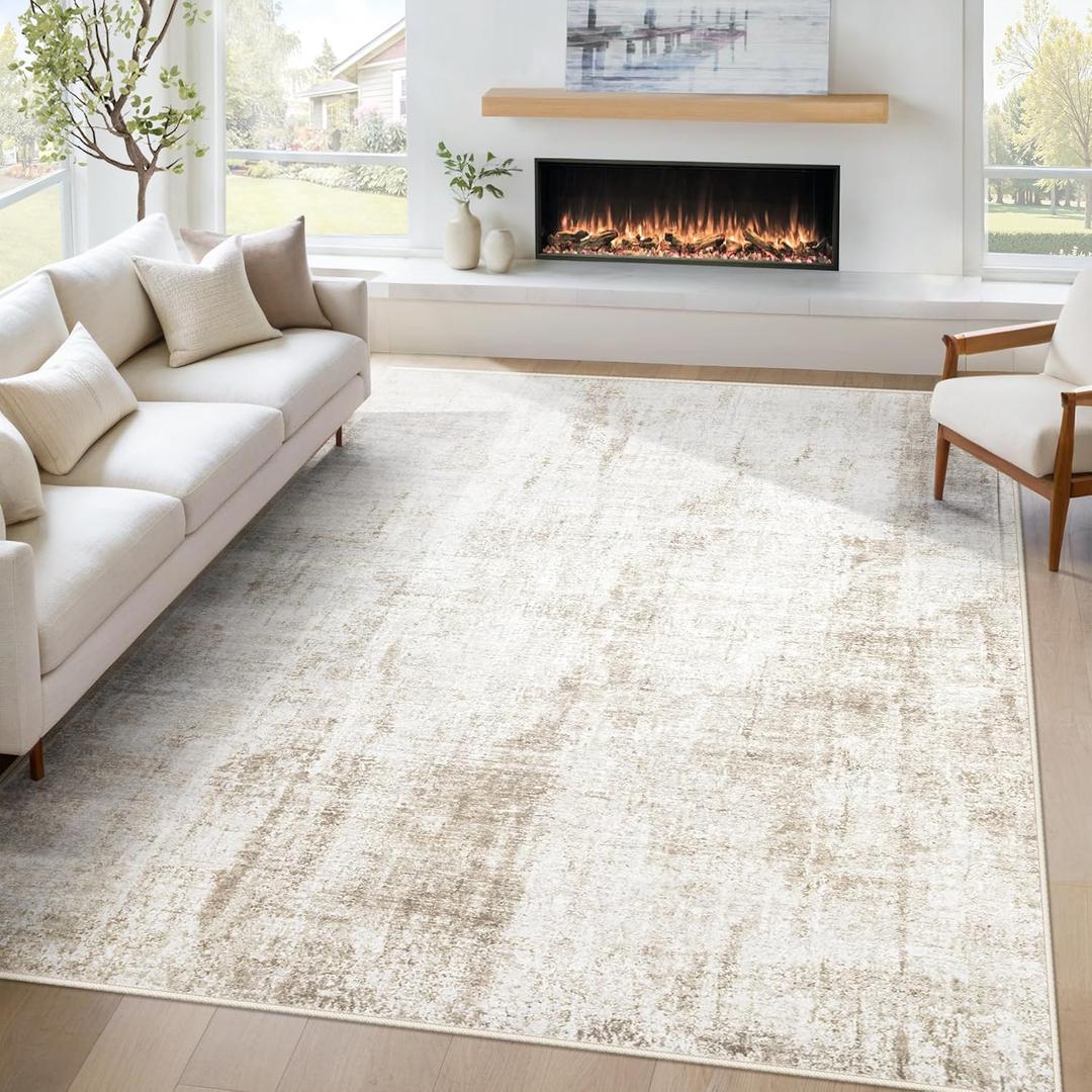 6x9 Area Rug for Living Room: Washable Abstract Soft Rugs Non Slip Modern Stain Resistant Low Pile Carpet for Dining Room Bedroom Nursery Office (Beige, 6'x9')