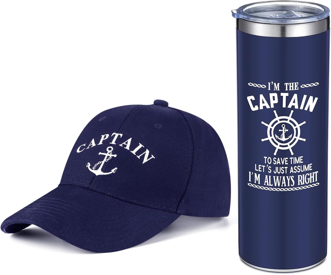 Handepo Boating Accessories Gifts for Men Boat Captain Cap I'm Captain Tumbler Boating Baseball Cap Nautical Cups Stainless Steel Coffee Mug for Father's Day christmas Summer Gifts(Navy Blue)