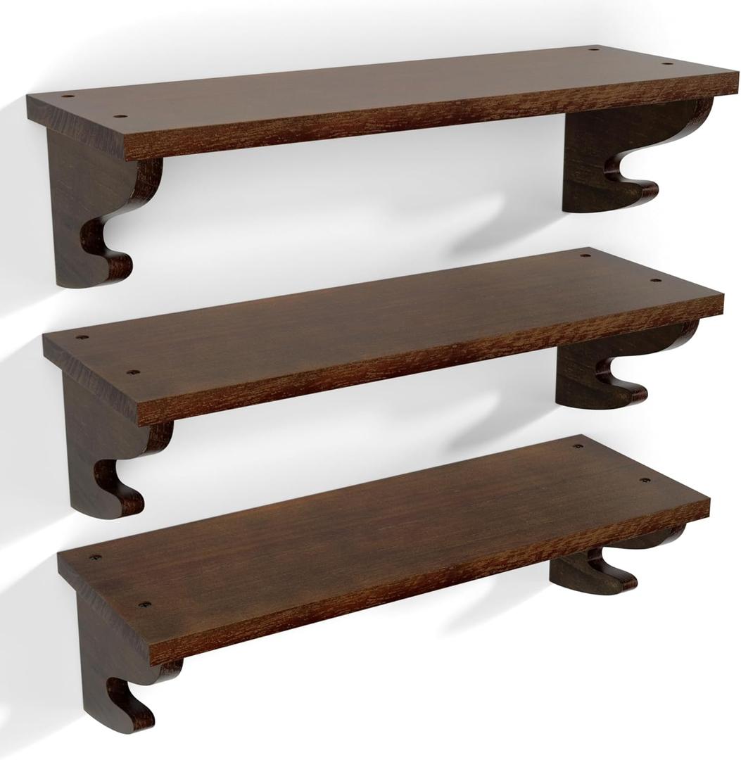 Alsonerbay Wood Floating Shelves for Wall 3 Pack, 17 inch Rustic Wall Shelves with Hook, Decorative Hanging Shelves for Bedroom Living Room Nursery Office and More Light Walnut