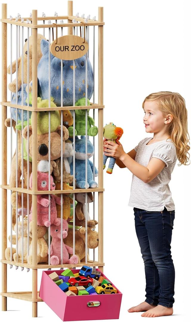 Brelley Stuffed Animal Storage Zoo Wood Toy Storage Organizer with Drawer, Large Toy Chest Stuffed animal holder for Kids Nursery Playroom Bedroom
