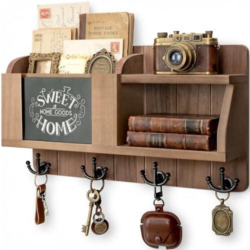 Rebee Vision Farmhouse Key and Mail Holder for Wall - Mail Organizer with Chalkboard and 4 Hooks - Rustic Home Decor for Entryway