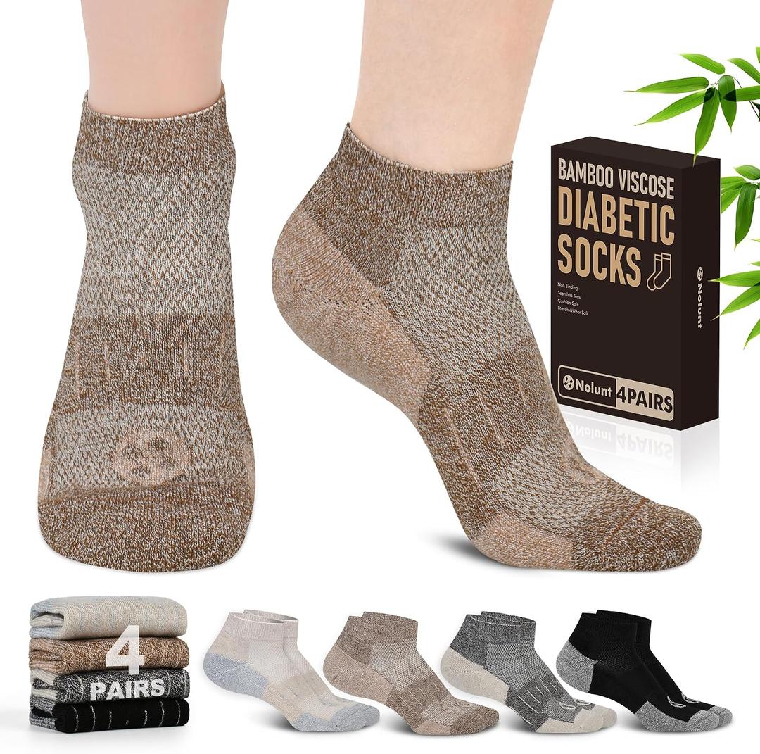 Diabetic Socks for Men,4 Pairs Low Cut Bamboo Viscose Wide Mens Diabetic Socks Size 9-12 10-13(Deep Grey+Brown+Beige+Black-Large)
