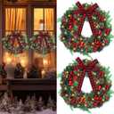 2 Pcs 20 Inch Pre Lit Christmas Wreath for Front Door Norfolk Artificial Xmas Wreath with Lights Bow for Christmas Party Outdoor Decor(Plaid Bow)