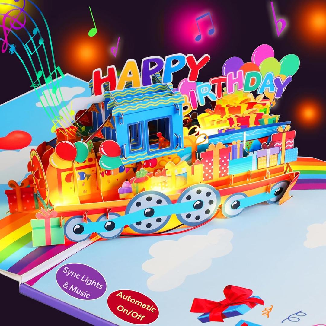 Magic Ants 3D Train Pop Up Musical Birthday Card for Grandson, Granddaughter, Kids, Boys and Girls, Light Up Features, Plays 'Happy Birthday' Song, Fun Interactive Birthday Greeting