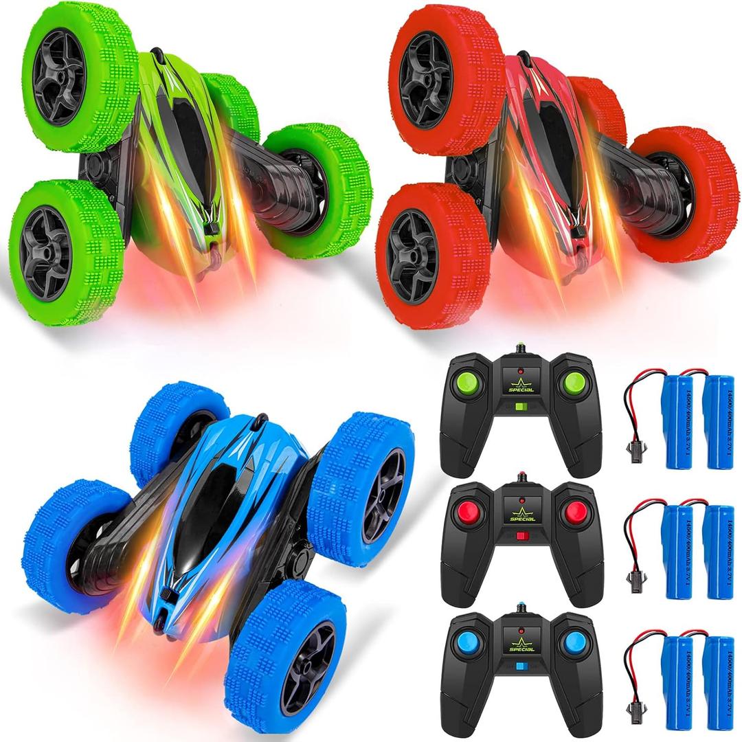 Lumiparty 3 Pack Remote Control Car RC Stunt Car for Kids,2.4Ghz High Speed Rock Crawler Vehicle,360 Rotating 4WD Off Road Double Sided Rotating Tumbling Rc Car with 6 Rechargeable Battery.