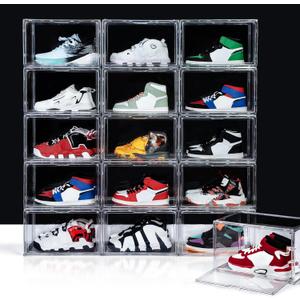 12 Pack Shoe Boxes, Acrylic Clear Shoe Boxes,360Clear Plastic Stackable Shoe Display Box, Larger Shoe Storage Boxes, Shoe Containers, fit up to Us size 14 (Side Open)