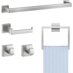 VEVOR Brushed Nickel Bathroom Hardware Set, 5 Pieces Bathroom Accessories Set, Stainless Steel 24 inch Towel Bar, Towel Rack, 2 Robe Towel Hooks, Toilet Paper Holder for Bath Room, Wall Mounted, Silver