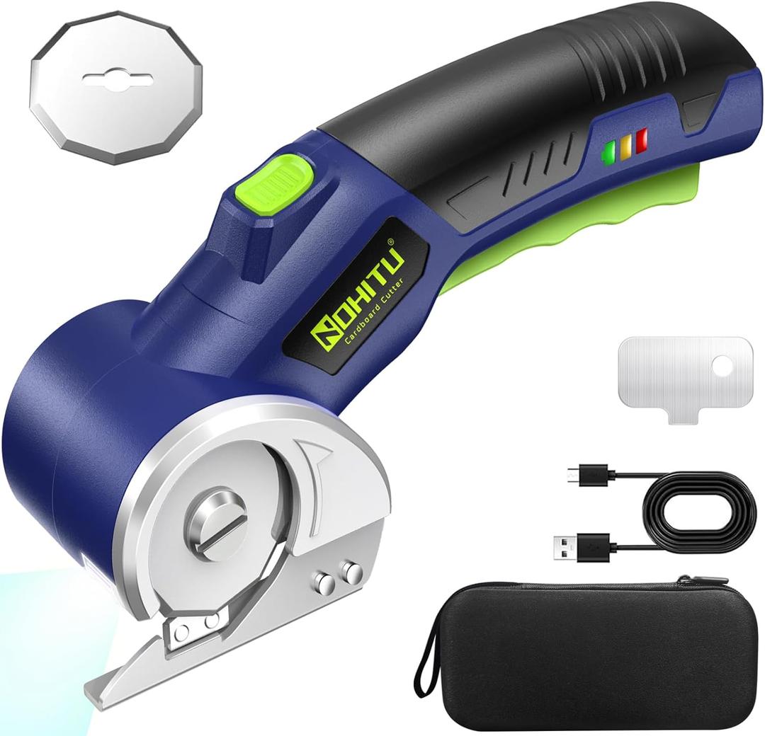 Cordless Electric Scissors: 4V Rechargeable Rotary Cardboard Cutter, 3000mAh Battery, with LED Light & Safety Lock, 2 Blades, Electric Box Cutter for Fabric Carpet Carton Plastic Leather Cloth (Blue)