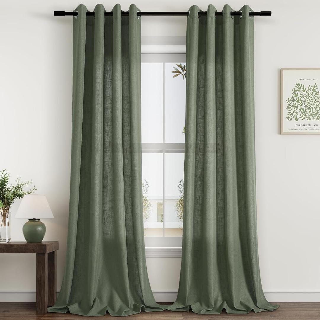 Olive Green Linen Curtains 84 Inches Long for Living Room 2 Panels Grommet Semi Sheer Linen Cotton Drape Boho Farmhouse Forest Green Curtain 84 Inch Length for Christmas Decor Dining Room Bedroom