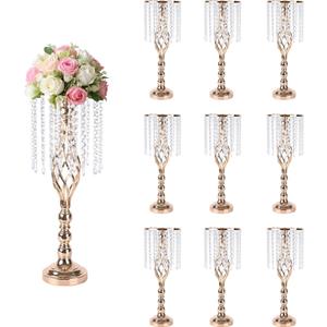 10 Pcs 21.6 Inch Crystal Flower Stand Gold Wedding Centerpieces Gold Flower Stand Vases Centerpiece Decorations for Wedding Party Reception Birthday Party Decor (L-21.6inch)