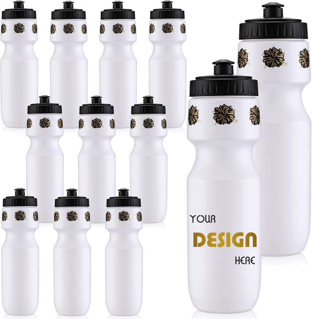 Talltalk 12 Pack Cheerleading Water Bottles Bulk 24 oz Reusable Plastic Cheer Water Bottles with Pull Top Cap Dishwasher Safe Cheerleader Drinking Bottle for Game Sports Dance Party(Black and Gold)