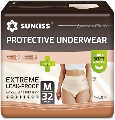 SUNKISS Women Incontinence Underwear, Daytime Disposable Postpartum Adult Panties, Protective Pull Ups with Maximum Absorbency, Medium, Beige, 32 Count