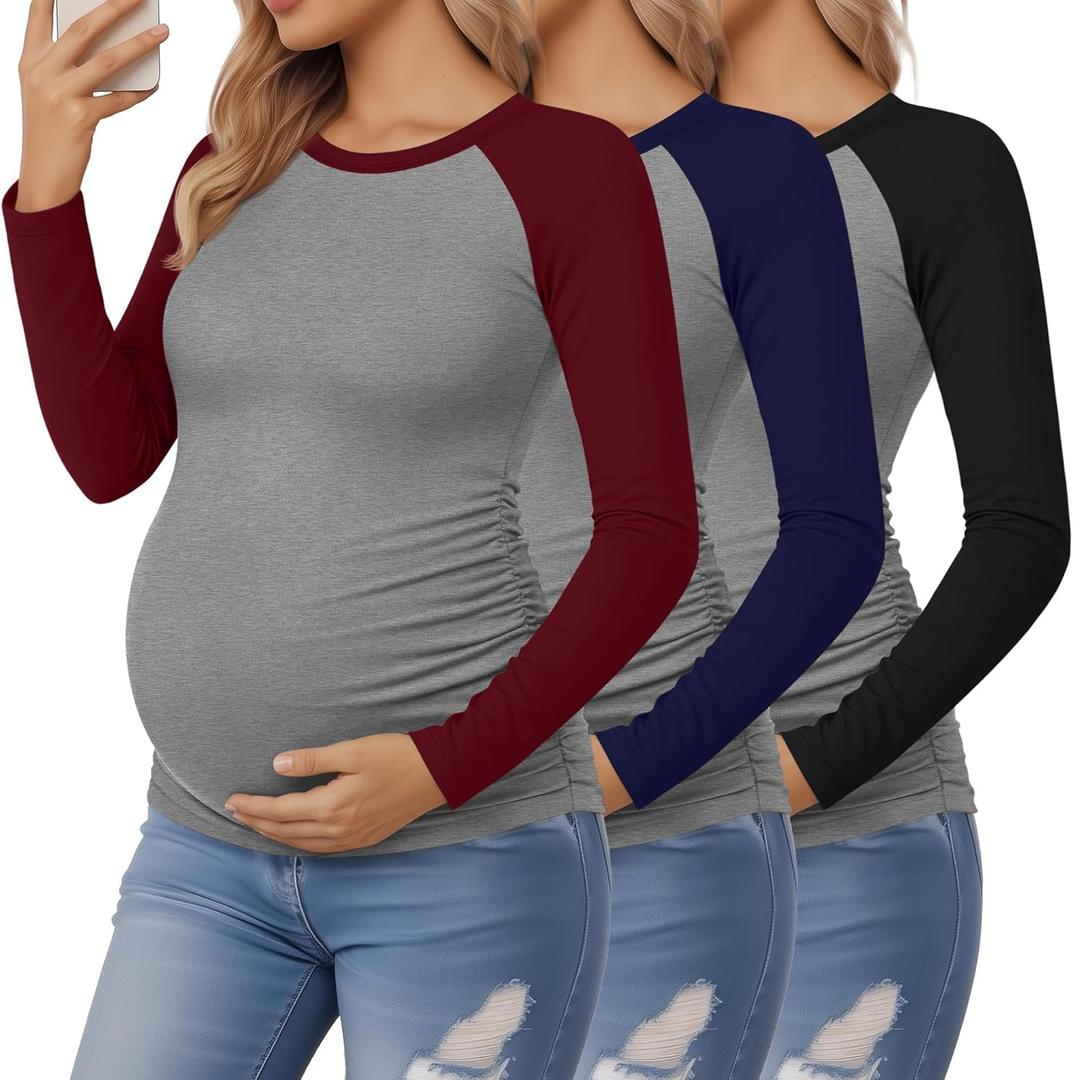 3 Pack Women's Maternity Shirts, Pregnancy Raglan Long Sleeve Tops Sides Ruched Crew Neck Color Block Mama Clothes (X-Large, Light Gray/Black, Light Gray/Navy, Light Gray/Wine Red)