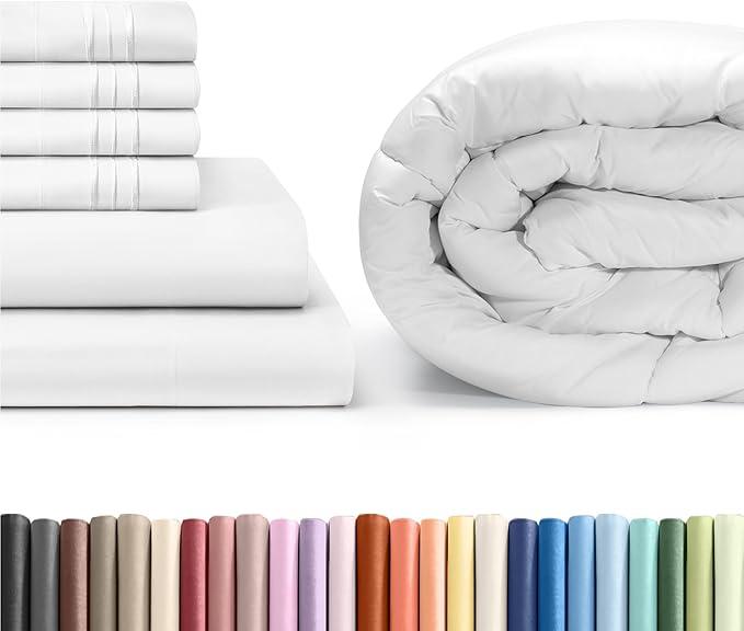 CGK Unlimited White Sheet Set with Comforter (Cali King Size) - Bed Set Includes Fitted Sheet, Flat Sheet & Pillow Cases - Bedding Set - Breathable Bed Comforter Set