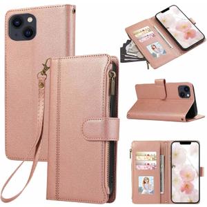 for iPhone 13 Phone Case Wallet,Flip PU Leather Zipper Pocket Credit Card Holder Wrist Strap Men Women Protective Cover (Rose Gold)
