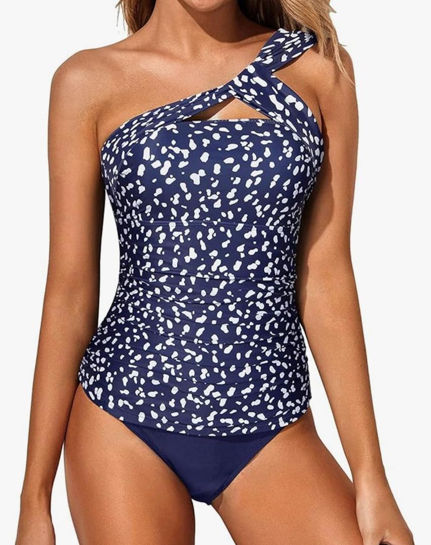 Tempt Me Two Piece Tankini Bathing Suits for Women One Shoulder Swim Top with Bottom Swimsuits, Extra Large, Blue Dot 