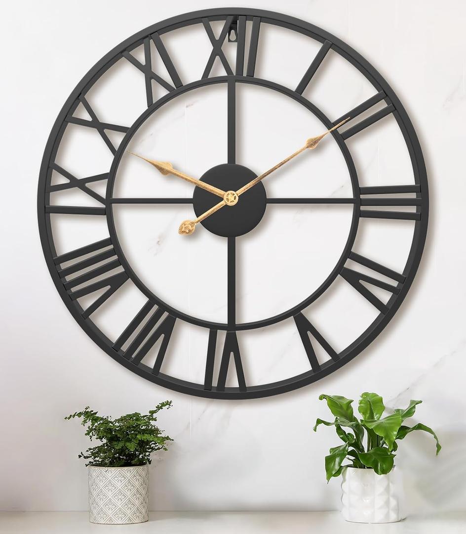 Pytha Sight 24 Inch Large Oversized Farmhouse Modern Decorative Wall Clock for Living Room,Silent Industrial Big Roman Numerals Vintage Metal Round Wall Clocks for Kitchen,Dinng Room,Office