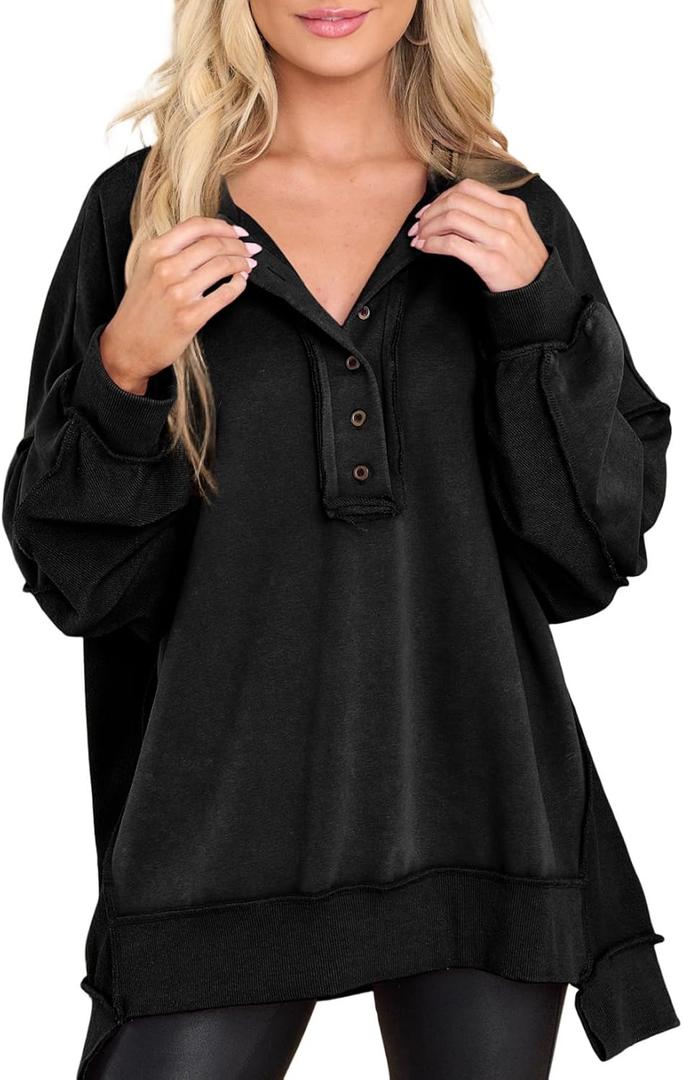 AlvaQ Sweatshirt for Women Oversized Casual Long Sleeve Button Henley Neck Pullover Tunic Tops Fall Fashion Outfits (Black)