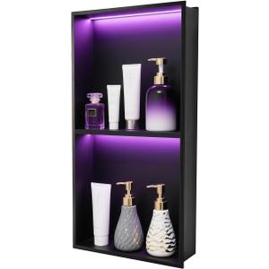 Stainless Steel Shower Niche 12" x 24", No Tile Needed Recessed Wall Niche with RGB Light, Bathroom Niche for Shower wall Insert Installation (Matte Black)