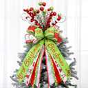 Liliful 23 Inch Large Red Green Christmas Tree Topper Bow Lime Green Tree Topper Glitter Sequins Ball Curly Whimsical Picks for Xmas Holiday Home Indoor Outdoor Decor