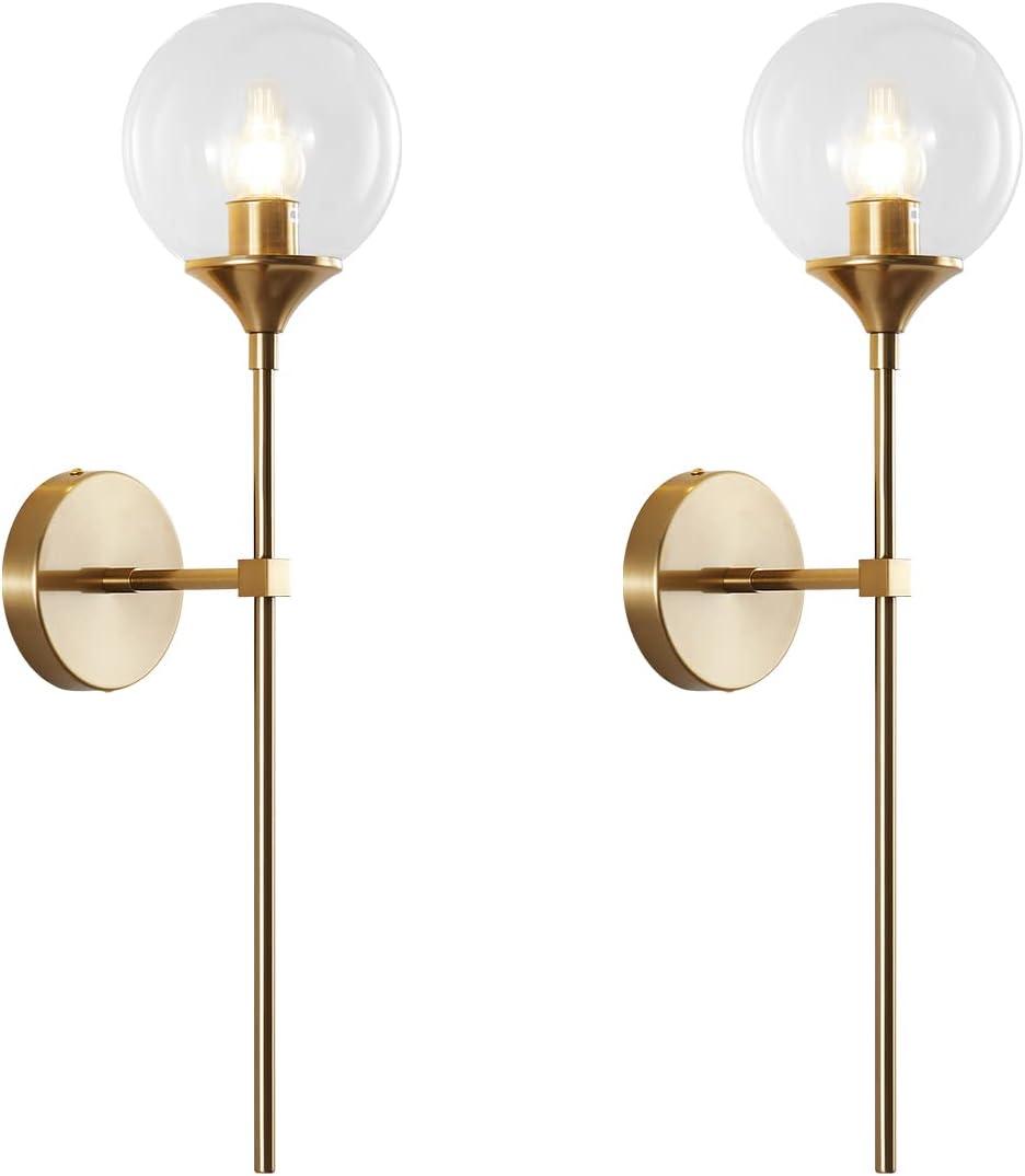 BOKT Clear Bubble Glass Globe Wall Mounted Sconce Light Set of 2 Modern Brass Gold Long Pole Wall Sconce Lighting Set of Two Mid Century Vintage Bathroom Mirror Wall Lamp (Clear)