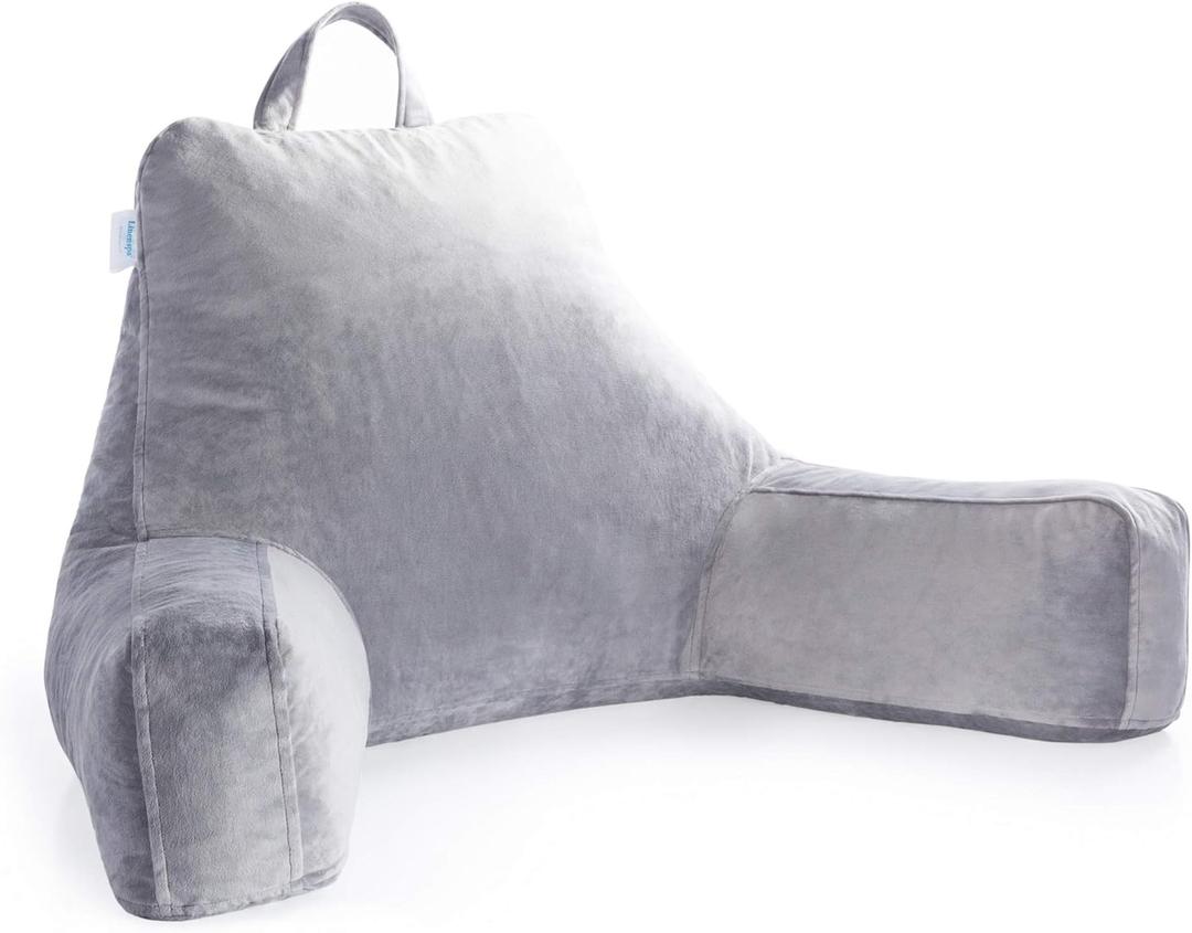 LINENSPA Reading Pillow with Shredded Memory Foam- Back Pillow for Sitting in Bed, Reading, Gaming, Watching TV  Bed Chair Pillow with Arms X-Large, Dorm Room Essentials, Stone