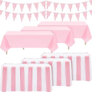 Remagr 8 Pcs Pink Circus Theme Party Decors Disposable Table Skirts Pastel Circus Theme Tablecloths Pink White Striped Pennant Banners Carousel Party Decoration for Birthday Wedding Decor